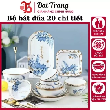 Bộ 20 Chi Tiết Sứ Simple Style Hoa Xanh Dương - Bát, Đĩa, Tô Cao Cấp, Giá 350k