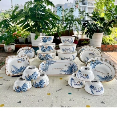Bộ 20 Chi Tiết Sứ Simple Style Hoa Xanh Dương - Bát, Đĩa, Tô Cao Cấp, Giá 350k