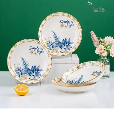 Bộ 20 Chi Tiết Sứ Simple Style Hoa Xanh Dương - Bát, Đĩa, Tô Cao Cấp, Giá 350k