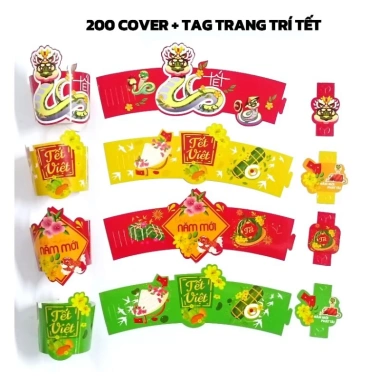 Bộ 200 Cover Tết và Noel kèm tag trang trí, 6 nấc cài, dùng được 40 loại ly, giá ưu đãi 115k