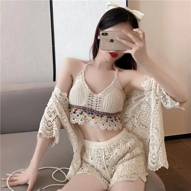 Bộ 3 Bikini Bra Thổ Cẩm Len Móc Đính Hạt Hottrend - Giá 507.500 VND Thảo Chi, chất mềm 2