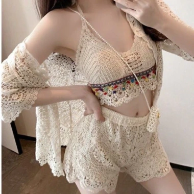 Bộ 3 Bikini Bra Thổ Cẩm Len Móc Đính Hạt Hottrend - Giá 507.500 VND Thảo Chi, chất mềm 6