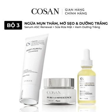 Bộ 3 Cosan Ngừa Mụn, Thâm, Mờ Sẹo, Trắng Da – Serum 30ml + Kem 30g + Sữa Rửa Mặt 100g – 750k