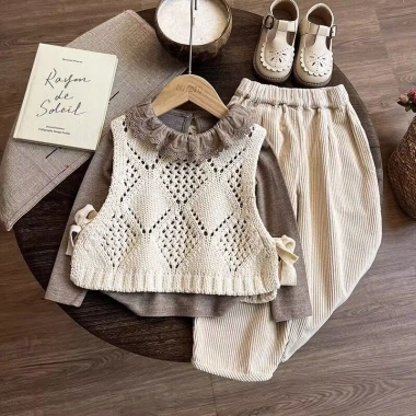 Bộ 3 món áo len dệt kim bé gái mùa thu 2.025, đồ mặc nhà dễ thương, mềm mại