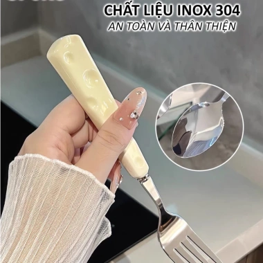 Bộ 3 Món Dĩa Thìa Dao Hình Phô Mai - Đồ Ăn Trái Cây Nĩa Súp Màu Kem Sang Trọng, Giá 29.900₫