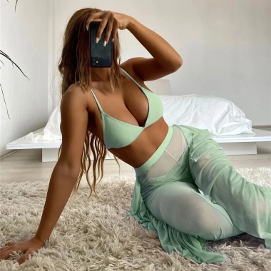 Bộ 3 Món Đồ Bơi Bikini Nữ: Áo Cổ Chữ V, Quần Dài, Áo Ngực Lưới Đệm Mút - 431.407 VND 9