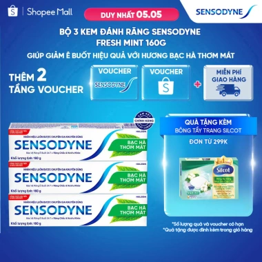 Bộ 3 Sensodyne Fresh Mint 160g - Giảm ê buốt, hương bạc hà, giá chỉ 276.450₫