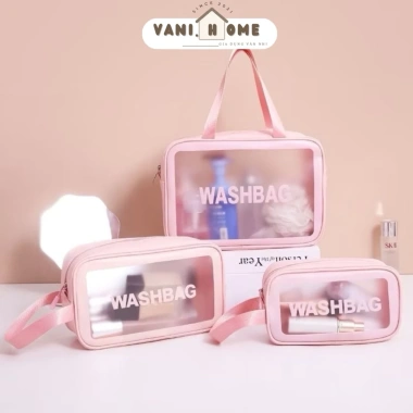 Bộ 3 túi WASHBAG hồng trong suốt đựng mỹ phẩm chống thấm nước, nhiều kích cỡ du lịch