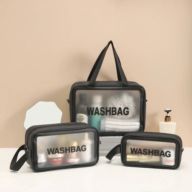 Bộ 3 túi WASHBAG hồng trong suốt đựng mỹ phẩm chống thấm nước, nhiều kích cỡ du lịch