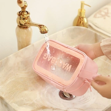 Bộ 3 túi WASHBAG hồng trong suốt đựng mỹ phẩm chống thấm nước, nhiều kích cỡ du lịch