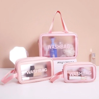 Bộ 3 túi WASHBAG hồng trong suốt đựng mỹ phẩm chống thấm nước, nhiều kích cỡ du lịch