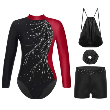 Bộ 4 Đồ Trẻ Em Bé Gái Trượt Băng Khiêu Vũ - Cổ Dài Kim Cương Sáng, Leotard + Quần Short, Túi Bảo Quản - 541k 3