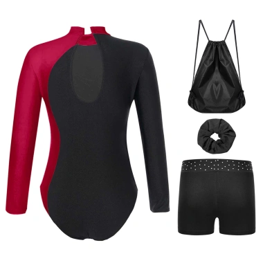 Bộ 4 Đồ Trẻ Em Bé Gái Trượt Băng Khiêu Vũ - Cổ Dài Kim Cương Sáng, Leotard + Quần Short, Túi Bảo Quản - 541k 4
