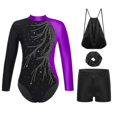 Bộ 4 Đồ Trẻ Em Bé Gái Trượt Băng Khiêu Vũ - Cổ Dài Kim Cương Sáng, Leotard + Quần Short, Túi Bảo Quản - 541k 7