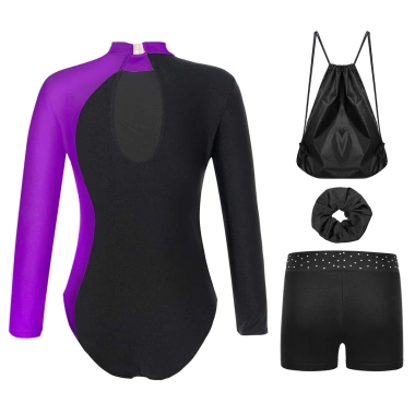 Bộ 4 Đồ Trẻ Em Bé Gái Trượt Băng Khiêu Vũ - Cổ Dài Kim Cương Sáng, Leotard + Quần Short, Túi Bảo Quản - 541k 8