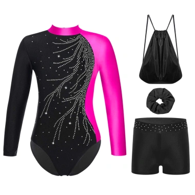 Bộ 4 Đồ Trẻ Em Bé Gái Trượt Băng Khiêu Vũ - Cổ Dài Kim Cương Sáng, Leotard + Quần Short, Túi Bảo Quản - 541k 9