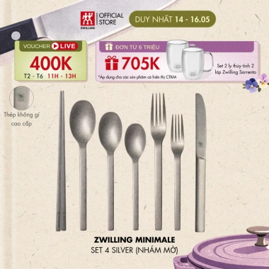 Bộ 4 món Đũa Muỗng Nĩa Dao ZWILLING Minimale Thép Không Gỉ Silver Mờ - Giá ưu đãi 394.000₫
