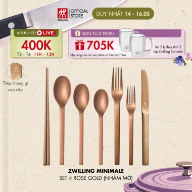 Bộ 4 món ZWILLING Minimale thép không gỉ Rose Gold – Đũa, Muỗng, Nĩa, Dao, giảm còn 394k