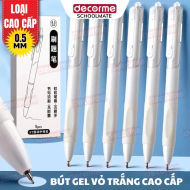 Bộ 5 bút gel nước vỏ trắng và 50 ngòi 0.5mm, mực đen viết êm mượt, phù hợp học sinh sinh viên văn phòng - Giá chỉ 40.900 VND