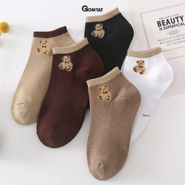 Bộ 5 đôi tất nữ cổ ngắn họa tiết gấu GOMTAT - vớ thấm hút mồ hôi, êm chân, 43k