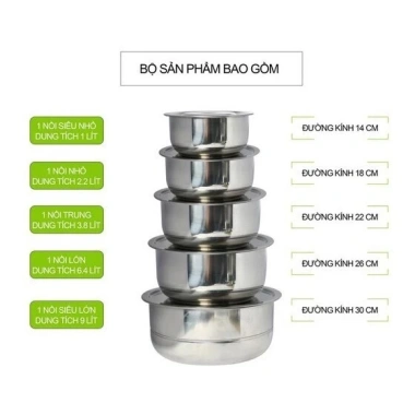 Bộ 5 nồi inox không quai, thố & hộp tròn - Xếp gọn, dùng bếp từ, giá chỉ 125k 2