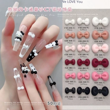 Bộ 50 móng tay hoạt hình nơ mèo Kitty nữ tính nhựa DIY dễ thương, trang trí 3