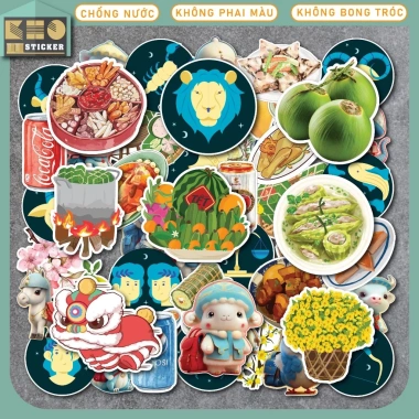 Bộ 50 Sticker Tết chống nước ST252 - Dán mũ bảo hiểm, điện thoại, laptop, guitar, vali - Giá chỉ 30.000₫