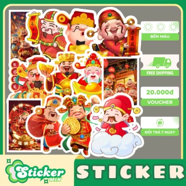 Bộ 50 sticker Thần Tài May Mắn chống nước, trang trí sổ tay, vali, quà tặng 19.000₫