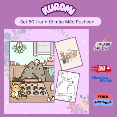 Bộ 50 tranh tô màu hoạt hình hottrend Pusheen - Mèo ngộ nghĩnh cho bé trai, bé gái, giá ưu đãi 25.000 VND