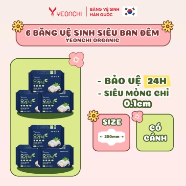 Bộ 6 Băng Vệ Sinh Yeonchi Organic 35cm Siêu Mỏng Cánh Rộng 16cm An Tâm Ngủ Ban Đêm 8