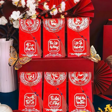 Bộ 6 Bao Lì Xì Giấy Ánh Kim Đỏ 2.026 - Dây Tua Rua, Chữ Tài An Lộc Hỷ Phúc Phú, Cao Cấp, Giá chỉ 17.500₫