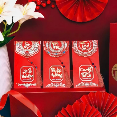 Bộ 6 Bao Lì Xì Giấy Ánh Kim Đỏ 2.026 - Dây Tua Rua, Chữ Tài An Lộc Hỷ Phúc Phú, Cao Cấp, Giá chỉ 17.500₫