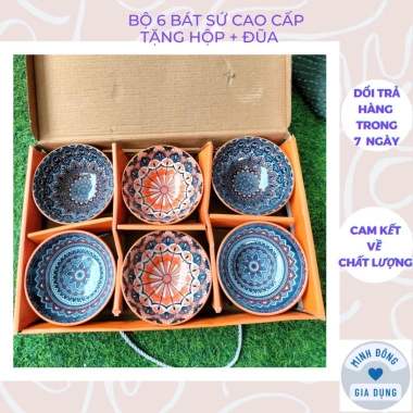 Bộ 6 bát đũa sứ họa tiết thổ cẩm - Hộp quà sang, ăn cơm, giá chỉ 95.000đ