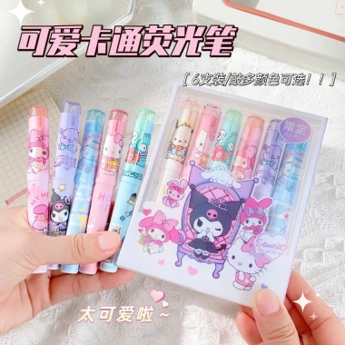 Bộ 6 bút dạ quang Kuromi Melody Cinnamoroll Kitty Pochacco Hangyodon - 31.000đ