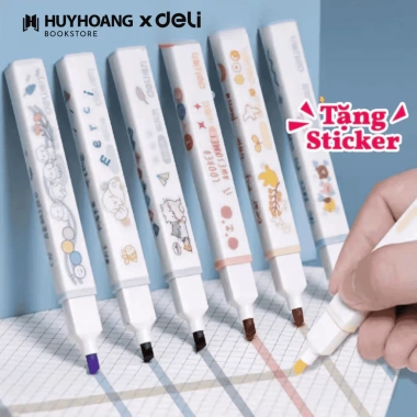 Bộ 6 bút highlight dạ quang, đánh dấu nhớ, tặng sticker cute Deli, chỉ 59.000 VND