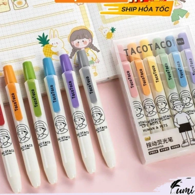 Bộ 6 bút highlight dạ quang TacoTaco HI10 dạng bấm màu dịu mắt, chỉ 92.000₫