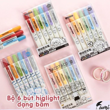 Bộ 6 bút highlight dạ quang TacoTaco HI10 dạng bấm màu dịu mắt, chỉ 92.000₫