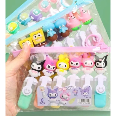 Bộ 6 bút highlight đầu dòng gắn charm - dạ quang, ghi nhớ Labulu, Kuromi - 25.500đ