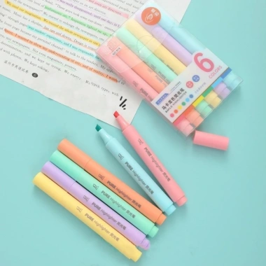 Bộ 6 bút highlight màu macaron – Dung tích lớn, đa màu, vẽ sổ tay, giảm giá 27k 6