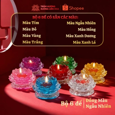 Bộ 6 chân đế nến lưu ly hoa sen đa màu, đế thấp, đựng đèn cầy, chỉ 249.000₫