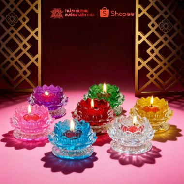 Bộ 6 chân đế nến lưu ly hoa sen đa màu, đế thấp, đựng đèn cầy, chỉ 249.000₫