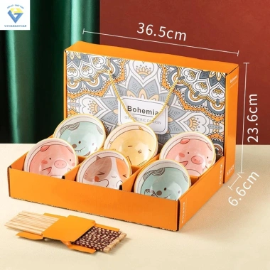 Bộ 6 chén sứ hình con vật dễ thương + 6 đôi đũa hoa, đồ dùng nhà bếp, hộp quà sang, phù hợp làm quà sinh nhật, giảm còn 120.000₫