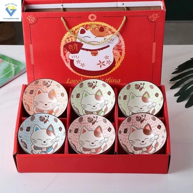 Bộ 6 chén sứ hình con vật dễ thương + 6 đôi đũa hoa, đồ dùng nhà bếp, hộp quà sang, phù hợp làm quà sinh nhật, giảm còn 120.000₫ 3