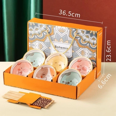 Bộ 6 chén sứ hình con vật dễ thương + 6 đôi đũa hoa, đồ dùng nhà bếp, hộp quà sang, phù hợp làm quà sinh nhật, giảm còn 120.000₫ 6