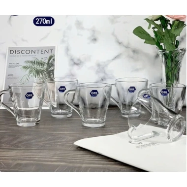 Bộ 6 Cốc tách ly thủy tinh có quai 270ml LXZB21 - Trà, cacao, đồ uống nóng, 145k