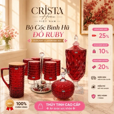 Bộ 6 Cốc Thủy Tinh Vân Caro Đỏ Crista Home 280ml - Quà Tặng, VAT, Bán Sỉ 109k