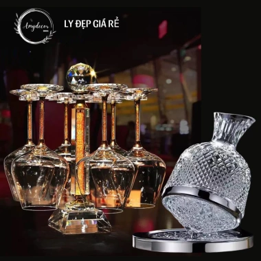 Bộ 6 ly rượu vang chân vàng 24K + bình thở xoay cao cấp - Thiết kế hiện đại, sang trọng, giá ưu đãi 270.000₫