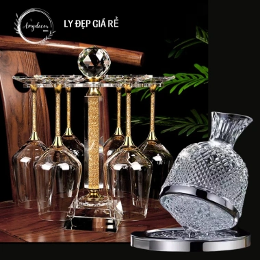 Bộ 6 ly rượu vang chân vàng 24K + bình thở xoay cao cấp - Thiết kế hiện đại, sang trọng, giá ưu đãi 270.000₫