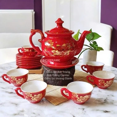 Bộ 6 mẫu ấm chén trà sứ Tro Xương Bát Tràng men đỏ cao cấp vẽ vàng Phú Quý giá ưu đãi