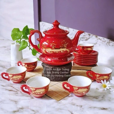 Bộ 6 mẫu ấm chén trà sứ Tro Xương Bát Tràng men đỏ cao cấp vẽ vàng Phú Quý giá ưu đãi